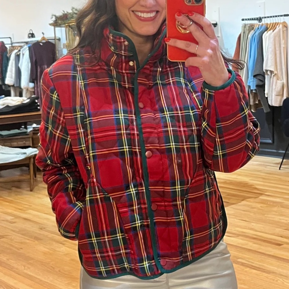 NWT RED TARTAN PLAID WITH GREEN CORDING QUILTED JACKET BY BIBI
